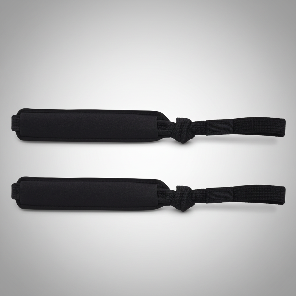 Black padel racquet anti-fall wrist safety straps on grey studio background